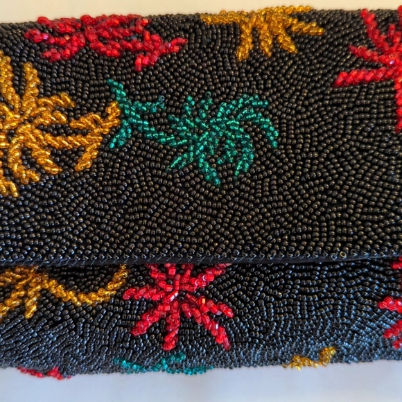 Vintage Black Beaded Evening Baguette Clutch Purse w/ Red, Gold and Green Detail - Picture 3 of 10